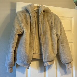 Women’s Plush Hooded Jacket - Cream Faux Fur